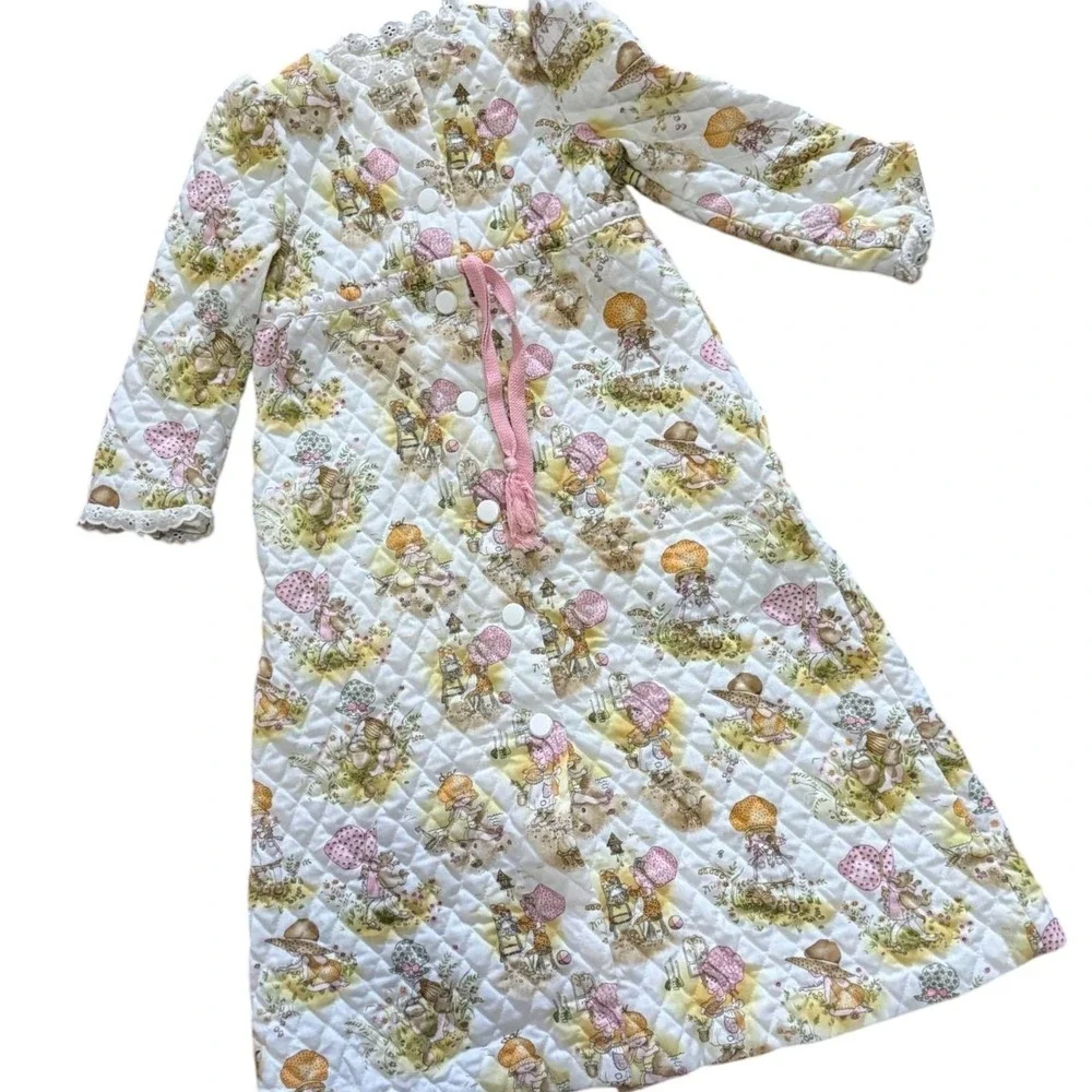 Vintage Quilted Housecoat Robe Holly Hobbie Style‎ Lace Trim Pink Yellow Childs